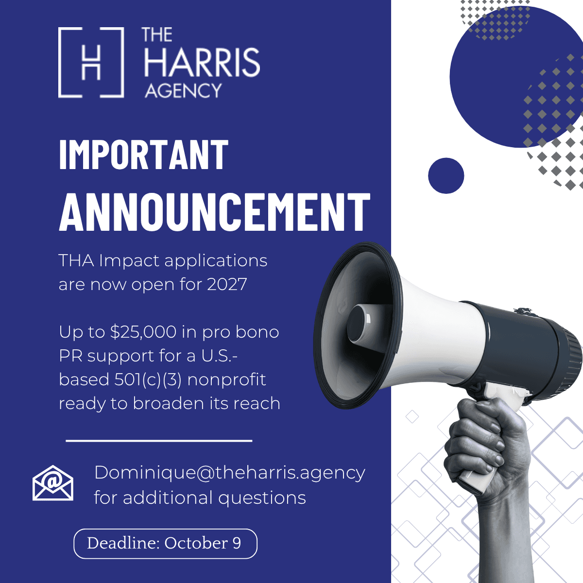 The Harris Agency Opens Applications for 2027 THA Impact Pro Bono Communications Grant